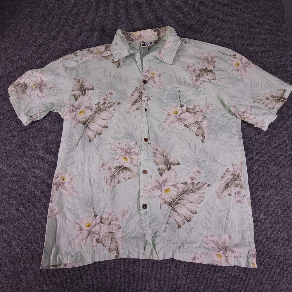 Aloha Republic Shirt Mens Large Green Hawaiian Floral Camp Short Sleeve Made USA